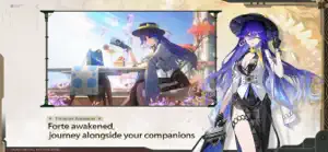 Forte awakened, journey alongside your companions: a blue-haired Resonator in a wide hat