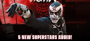 A masked Superstar in a red-and-black demon mask, captioned 5 new superstars added