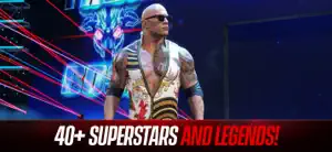 The Rock walking to the ring under blue lights with the title belt, captioned 40+ superstars and legends