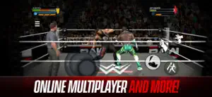A grappling exchange in the ring with health bars and on-screen controls, captioned online multiplayer and more