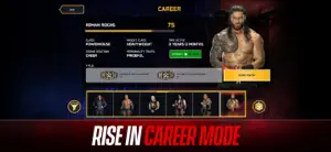 Roman Reigns' Career screen with stats, title history and a roster strip below, captioned rise in career mode