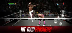 A wrestler leaping from the top rope in a finisher, captioned hit your finishers