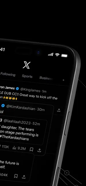 The X home timeline with Following, Sports and Business tabs