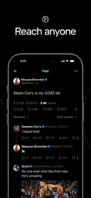 Reach anyone: a post thread with replies from other accounts
