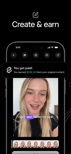 Create and earn: a creator payout notice above a vertical video