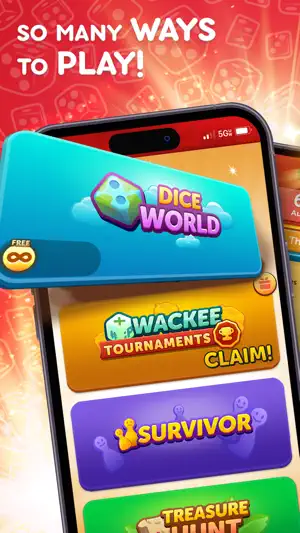Dice World menu listing tournaments and alternative modes