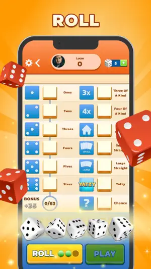 Empty Yatzy scorecard with five white dice, a ROLL button with three roll markers and a PLAY button