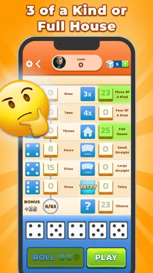 Scorecard offering 23 points for Three of a Kind or 25 for Full House, with a thinking emoji beside it