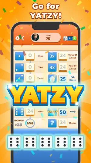 Five sixes scoring 50 in the Yatzy box under a large glowing YATZY banner