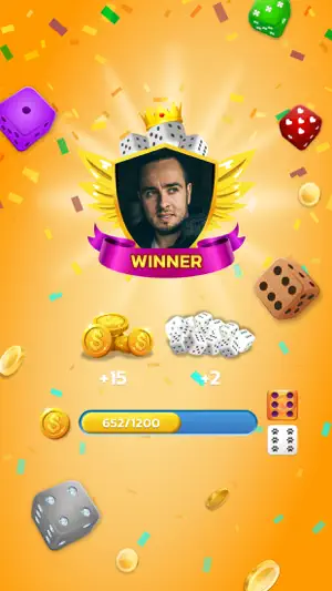 Winner screen with a crown, a reward of 15 coins and 2 dice, and a 652/1200 level bar