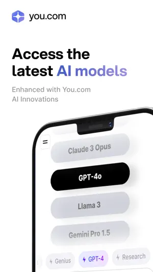 Phone mockup of the You.com model picker listing Claude 3 Opus, GPT-4o, Llama 3 and Gemini Pro 1.5, with mode chips Genius, GPT-4 and Research below