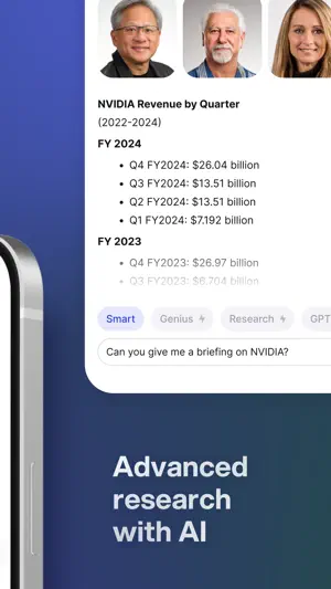Chat answering a request for an NVIDIA briefing with a bulleted list of revenue by fiscal quarter, three portrait photos above it and Smart, Genius and Research mode chips under the input