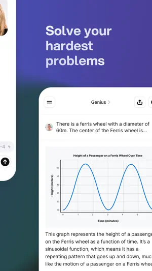 Genius mode chat solving a Ferris wheel problem, with a line graph of passenger height over time and a text explanation of the sinusoidal pattern