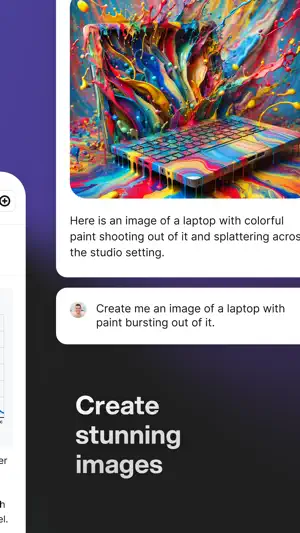 Chat reply to a prompt asking for a laptop with paint bursting out of it, showing a colorful generated illustration of a splattered laptop