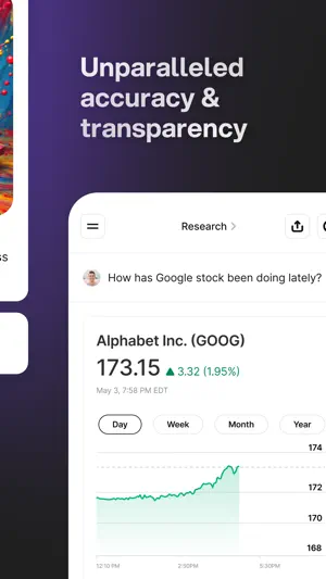 Research mode chat about Alphabet stock showing a price chart at 173.15 with Day, Week and Month tabs