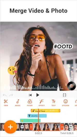 Merge Video and Photo — a woman in orange sunglasses with an #OOTD label above the timeline