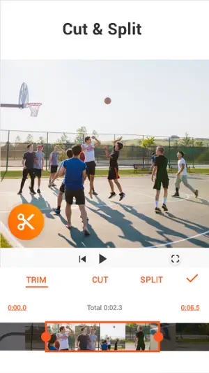Cut and Split — a basketball game with the Trim, Cut and Split tabs and a selected clip range