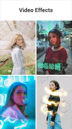 Video Effects — four clips with glitch, neon and glow effects applied