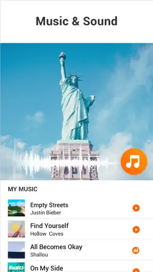 Music and Sound — the Statue of Liberty above a My Music list with tracks and a waveform