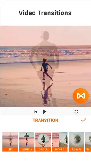 Video Transitions — a beach scene with Mix, Wipe, Circle, Move and Spin transition thumbnails