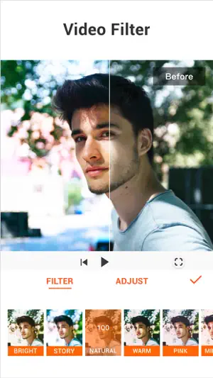 Video Filter — a before-and-after portrait with Bright, Story, Natural, Warm and Pink filters
