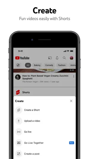 Create menu offering a Short, an upload, a live stream or a post