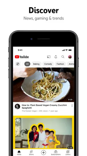 Home feed filtered by topic chips across the top