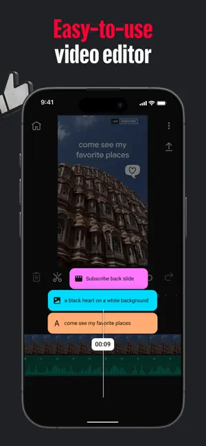 Editor timeline with three text and sticker layers over a clip of a pink sandstone palace facade at 00:09