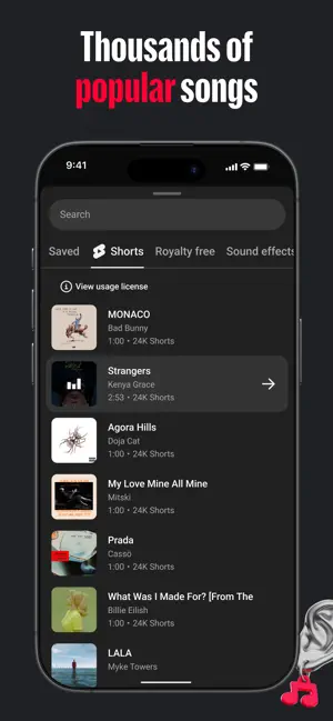 Music picker on the Shorts tab listing licensed songs by Bad Bunny, Doja Cat and Billie Eilish beside Royalty free and Sound effects tabs