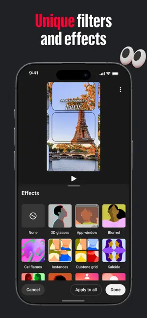 Effects panel with 3D glasses, App window, Blurred and Kaleido thumbnails below a Paris travel clip