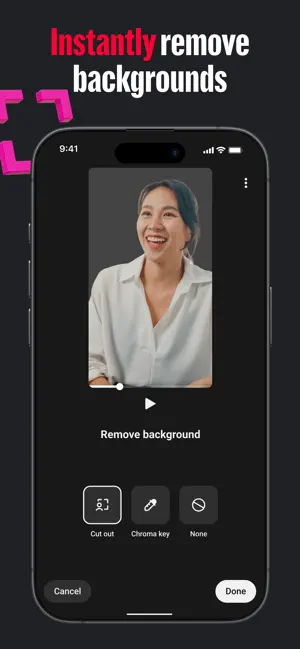 Remove background screen with Cut out and Chroma key options applied to a clip of a smiling woman