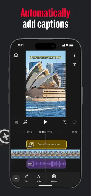 Auto-generated caption on a Sydney Opera House clip, with a voiceover caption layer on the timeline