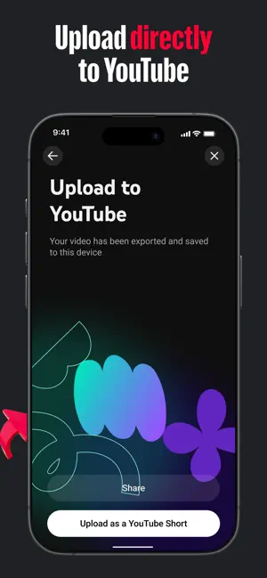 Upload to YouTube screen after export, with Share and Upload as a YouTube Short buttons