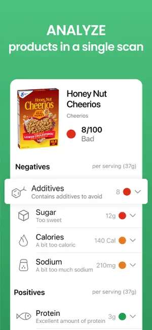 Food sheet for Honey Nut Cheerios at 8/100, Bad, listing additives, sugar, calories and sodium as negatives per 37 g serving