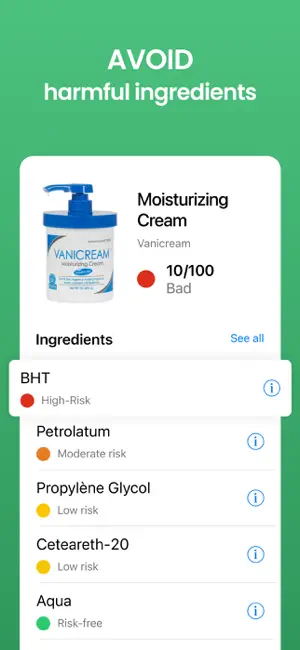 Cosmetic sheet for Vanicream Moisturizing Cream at 10/100, with BHT flagged high-risk and petrolatum moderate risk