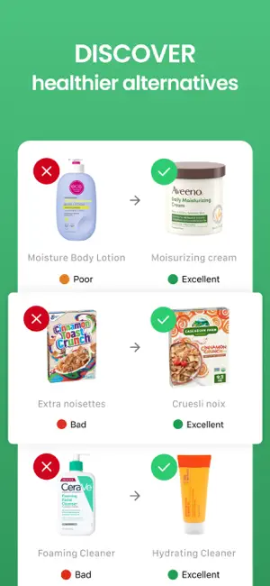 Three swaps from poorly rated products to Excellent ones: a body lotion, a cinnamon cereal and a foaming cleanser