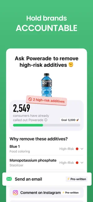 Call-out screen asking Powerade to remove two high-risk additives, with a 2,549 of 5,000 counter and pre-written email button