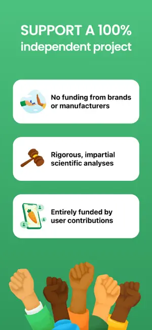Promo card listing no brand funding, impartial scientific analyses and funding from user contributions above raised fists