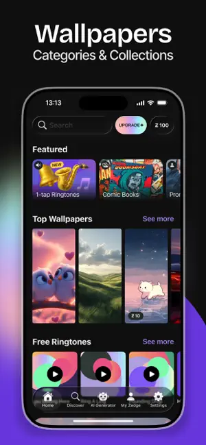 Zedge home screen on iPhone with 1-tap Ringtones and Comic Books tiles, a Top Wallpapers row and a 100-credit balance