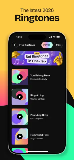 Free Ringtones list under a Set Ringtones in One-Tap banner, with tracks such as Ring A Ling and Pounding Drop
