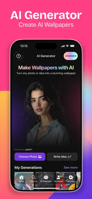 pAInt AI Generator screen with Choose Photo and Write Idea buttons above a My Generations row