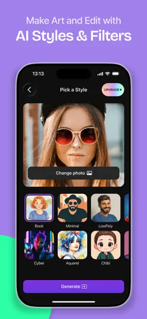 AI Styles picker showing Book, Minimal, LowPoly, Cyber, Aquarel and Chibi filters over a portrait photo