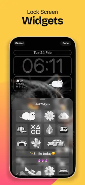 iPhone Lock Screen editor with an Add Widgets panel of Zedge cat, flower, cloud and car widgets