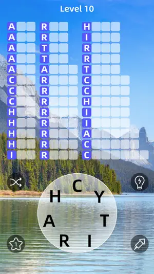 Level 10 with three columns of word slots marked by first letters, a mountain lake behind a seven-letter wheel