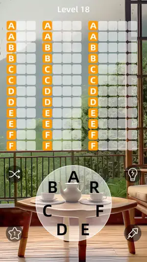 Level 18 with orange first-letter markers from A to F above a letter wheel over a teapot on a balcony table