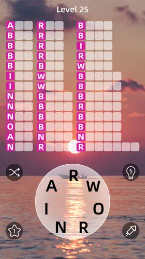 Level 25 at sunset over the sea, pink first-letter markers above a wheel of the letters A, R, W, O, N, I and R