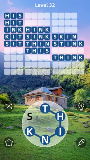 Level 32 with THINK traced on the wheel and found words such as STINK, SKIN and THIS above a stone house