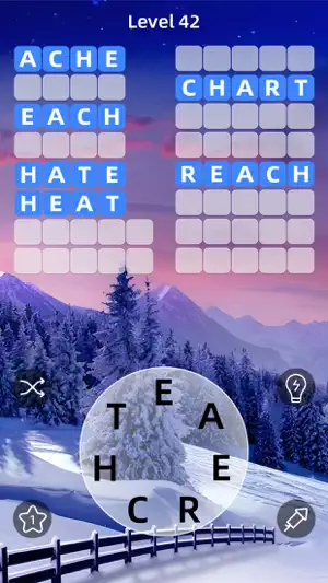 Level 42 with ACHE, EACH, HATE, HEAT, CHART and REACH found above a snowy pine forest at dusk