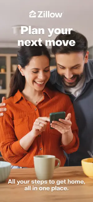 Zillow logo above the line Plan your next move, with a couple smiling at a phone at a kitchen table