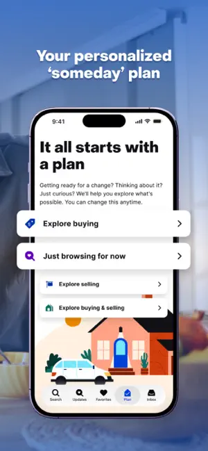 Plan tab start screen titled It all starts with a plan, offering Explore buying, Just browsing for now, Explore selling and Explore buying & selling